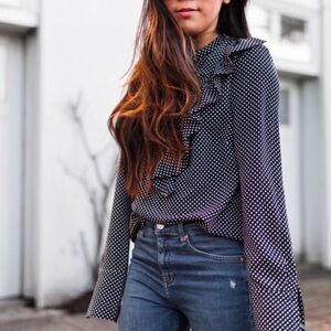 H&M Black White Ruffle Front Polka Dot Blouse